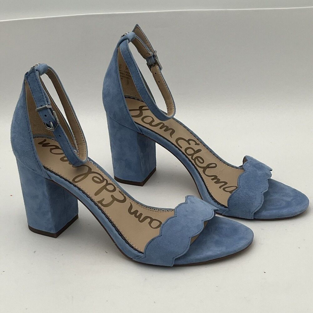Sam Edelman ODILA Ankle Wrap Sandals Suede Blue Leather Block Heel Size 7.5 EUC
